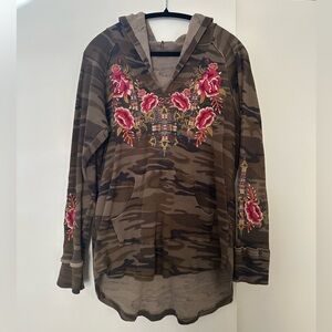 Johnny Was Embroidered Camo Waffle Knit Hooded Top